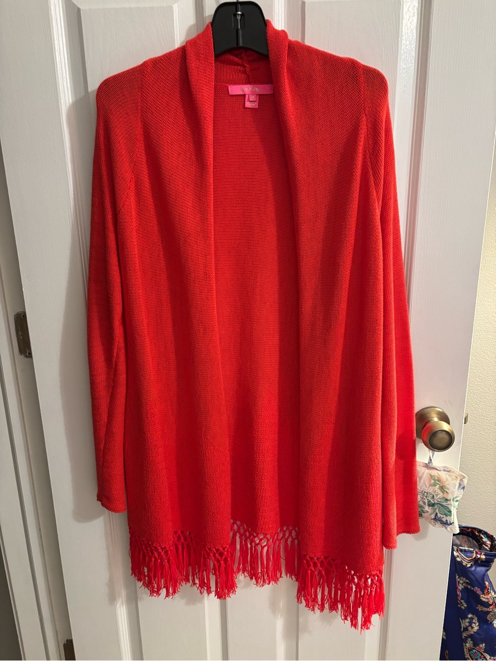 Lilly Pulitzer Medium Bright Red Open-Front Fringe Women's Sweater gold flecks